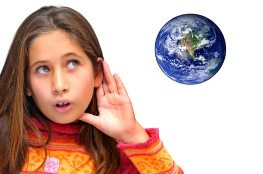 Beautiful young girl listenning the planet