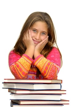 Beautiful young girl posing with books against a white background