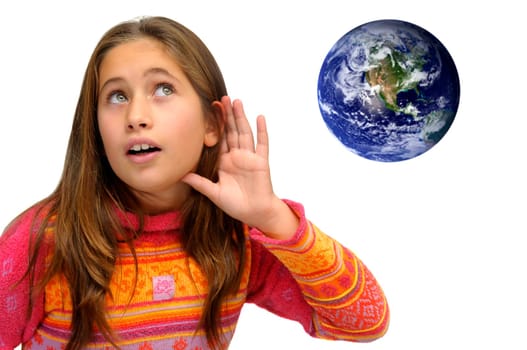 Beautiful young girl listening the planet isolated against a white background