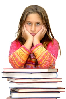 Beautiful young girl posing with books against a white background