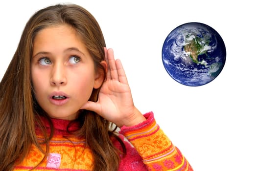Beautiful young girl listening the planet isolated against a white background