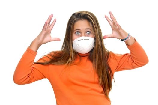 Young girl with mask against flu, isolated in white