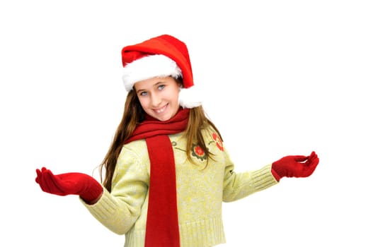 Beautiful young girl with santas hat isolated in white