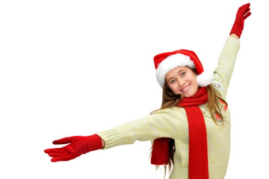 Beautiful young girl with santas hat isolated in white