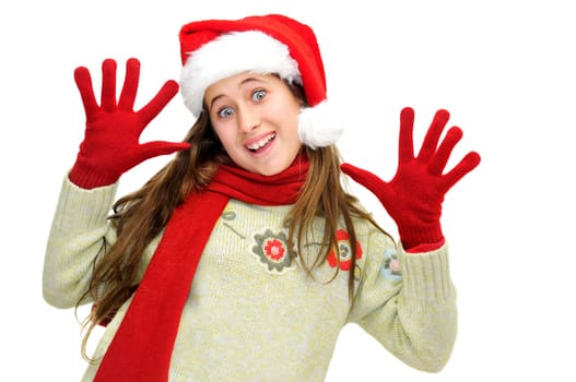 Beautiful young girl with santas hat isolated in white
