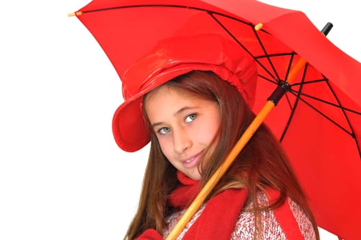 Beautiful young girl with red umbrella isolated in white