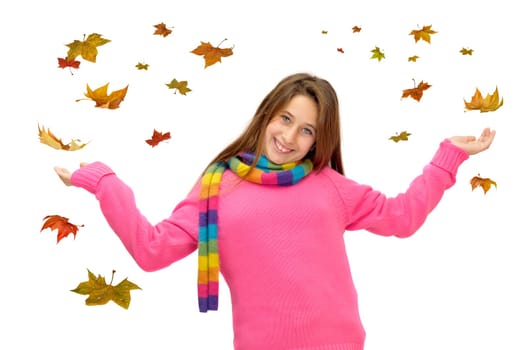 Beautiful young girl in Autumn with falling leaves isolated in white