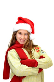 Beautiful young girl with santas hat isolated in white