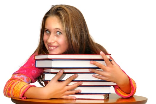 Beautiful young girl posing with books against a white background