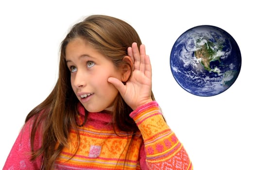 Beautiful young girl listening the planet isolated against a white background