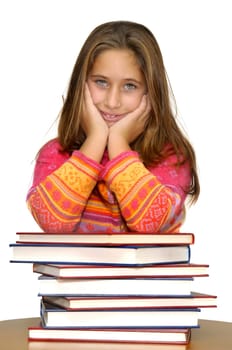 Beautiful young girl posing with books against a white background