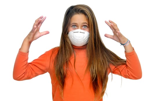 Young girl with mask against flu, isolated in white