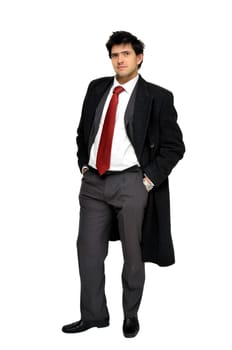 Young businessman posing with greatcoat isolated in white