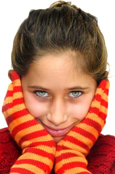 Beautiful young girl posing with gloves against a white background