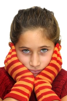 Beautiful young girl posing with gloves against a white background