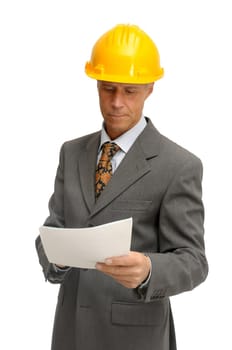 Mature engineer isolated in white