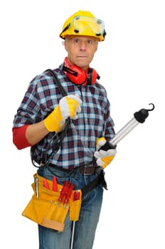 Mature construction worker isolated in white