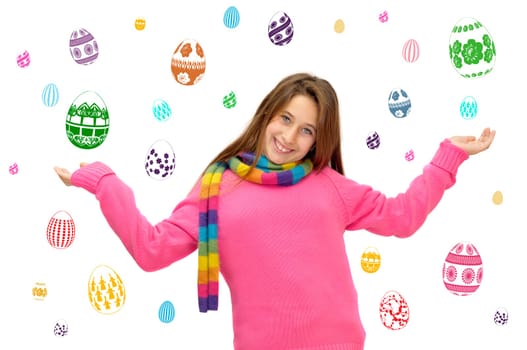 Beautiful young girl in Easter with eggs isolated in white