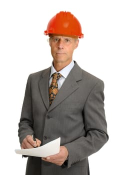 Mature engineer isolated in white