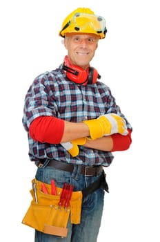 Mature construction worker isolated in white