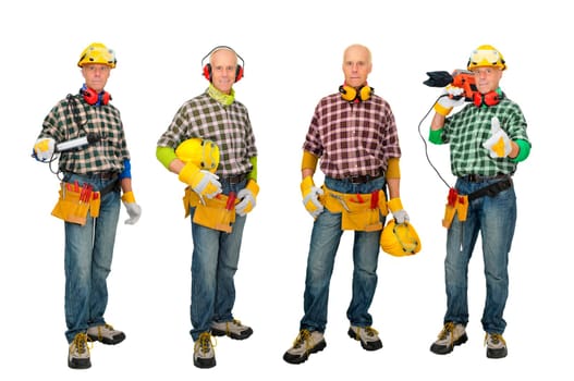 Mature construction worker in several positions isolated in white