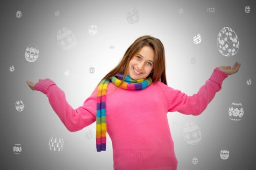 Beautiful young girl in Easter with falling eggs