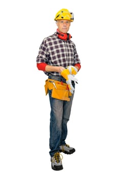Mature construction worker isolated in white