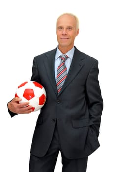 Businessman with soccer ball isolated in white