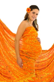 Pregnant woman with orange rag and flowers isolated in white