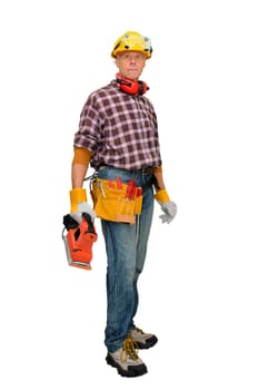 Mature construction worker isolated in white