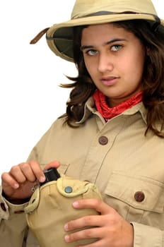 Young girl explorer isolated in white