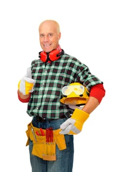 Mature construction worker isolated in white