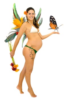 Pregnant fairy with tattoo and wings holding a bunch of flowers and a butterfly isolated in white