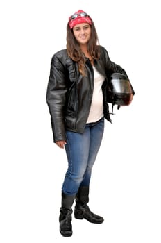 Beautiful young biker isolated in white