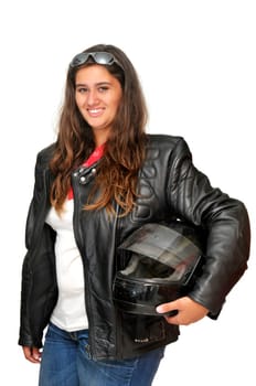 Young girl biker with helmet isolated in white