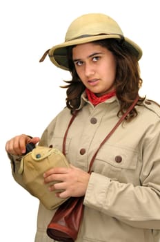 Young girl explorer isolated in white