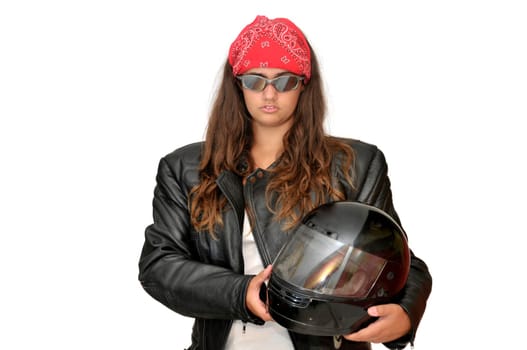 Young girl biker with helmet isolated in white