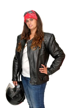 Young girl biker with helmet isolated in white