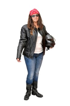 Beautiful young biker isolated in white