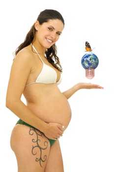 Pregnant woman with tattoo in bikini holding a bulb shaped planet with a butterfly isolated in white
