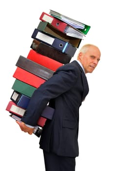 Worker with stack of files isolated in white