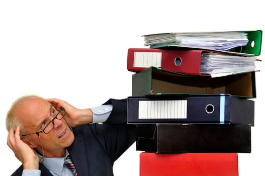 Worker with stack of files isolated in white