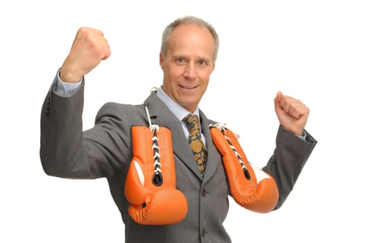Businessman with boxing gloves isolated against a white background