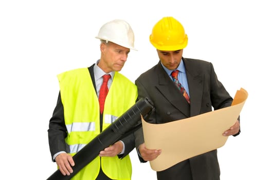 Two engineers isolated against a white background
