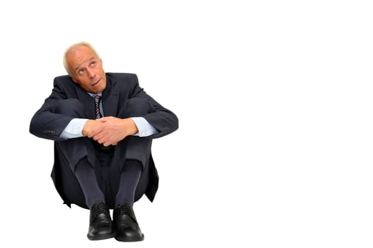 Scared mature businessman isolated in white