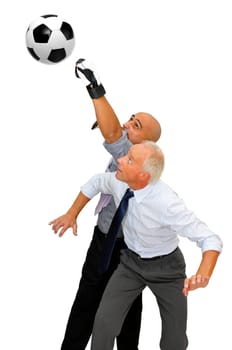 Two businessmen playing soccer isolated in white