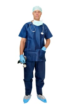 Doctor in uniform posing isolated in white