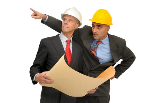 Two engineers isolated against a white background