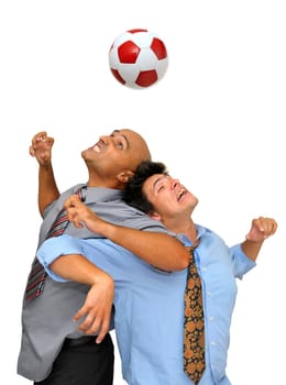 Two businessmen fighting for a ball header in a soccer game isolated in white