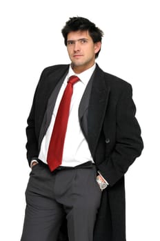 Young businessman posing with greatcoat isolated in white